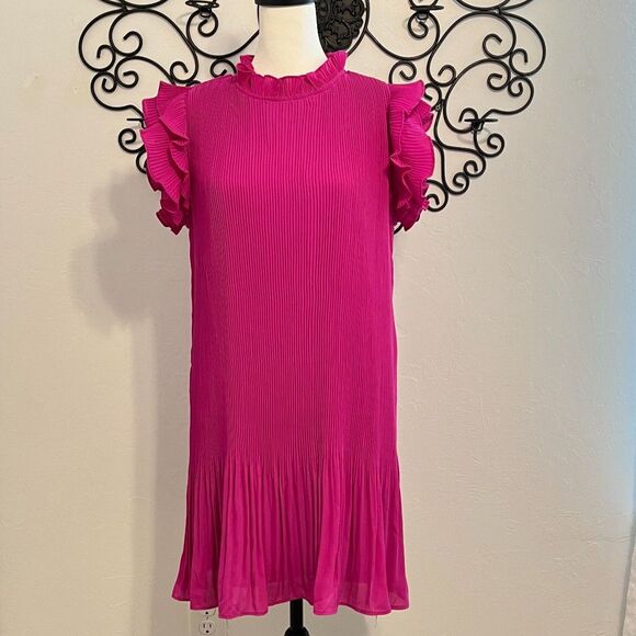 The Impeccable Pig Pink Ruffle Sleeve Pleated Dress Size Large - Picture 2 of 12